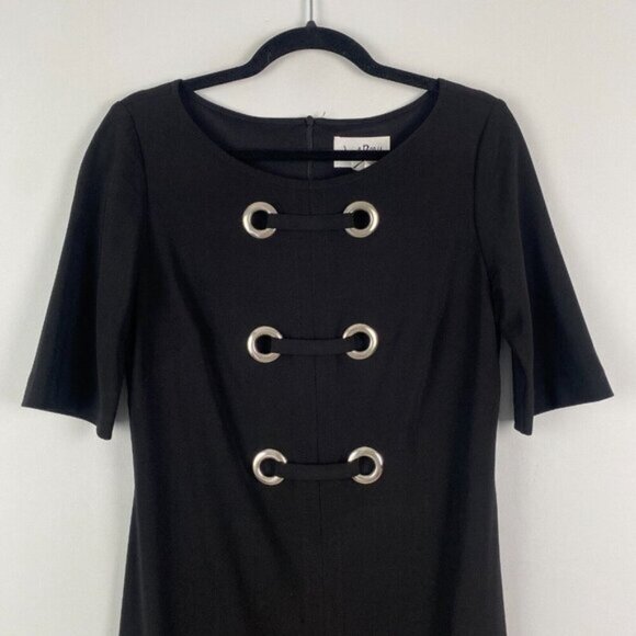 Joseph Ribkoff Stretch Fitted Dress Size 8 Black Silver Eyelets Half Sleeve - Picture 2 of 11
